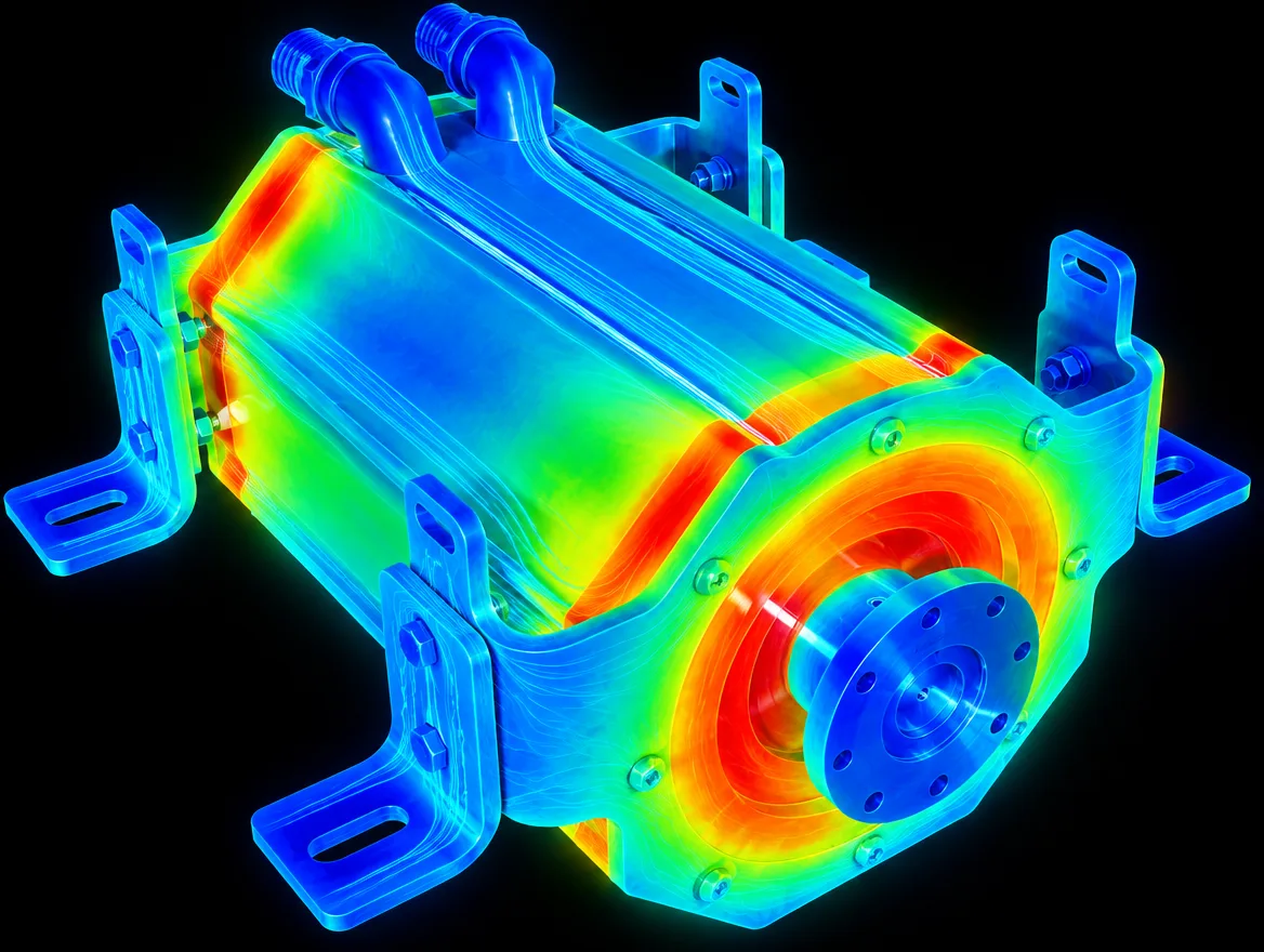 Thermal map of an ALMOTT PMSM motor: the coolant keeps the housing cool while the hot zones sit at the winding heads